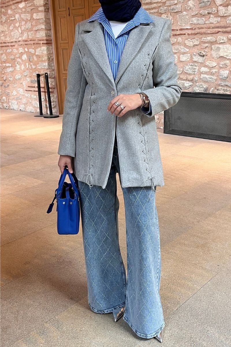 Kuşgözü Detaylı Kaşe Ceket Gri