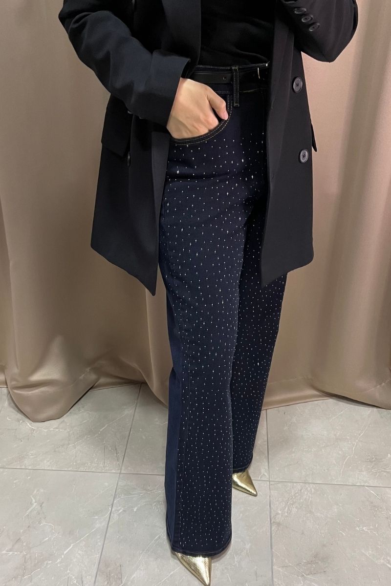 Taşlı İspanyol Paça Pantolon Lacivert