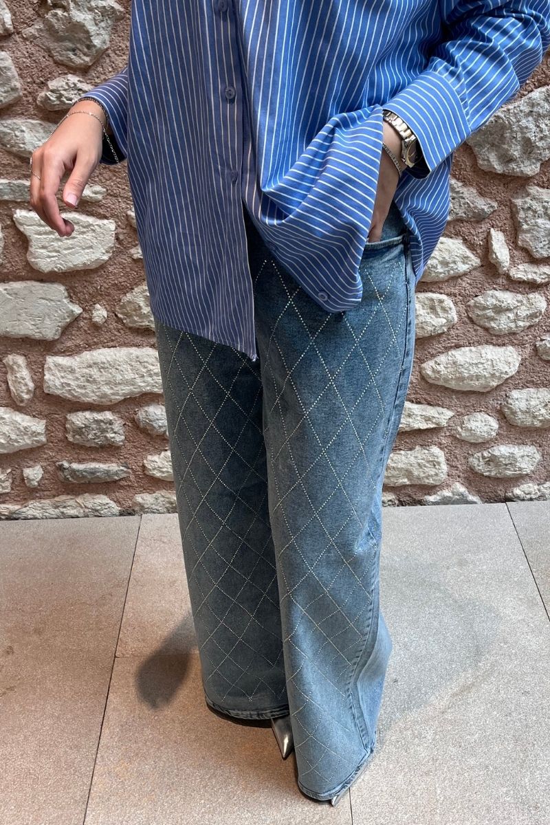 Yüksek Bel Taşlı Pantolon Mavi