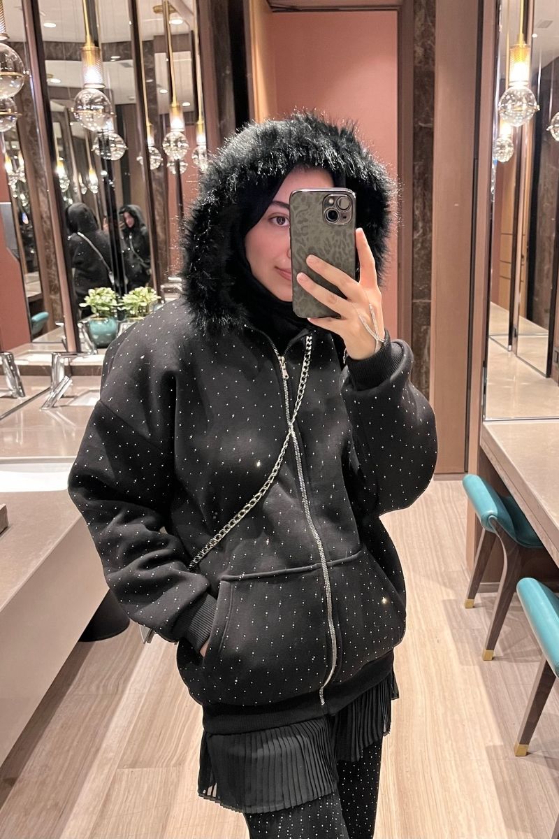 Kürk Detaylı Taşlı Hırka