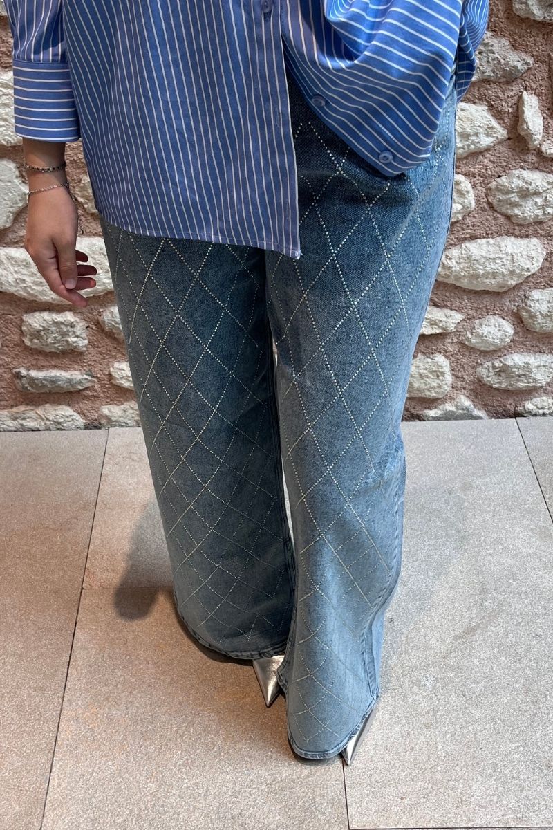 Yüksek Bel Taşlı Pantolon Mavi