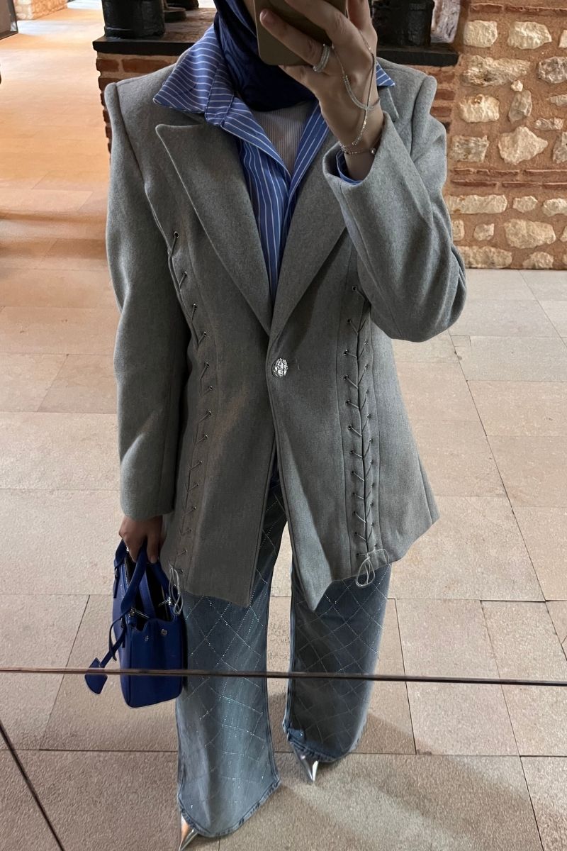 Kuşgözü Detaylı Kaşe Ceket Gri