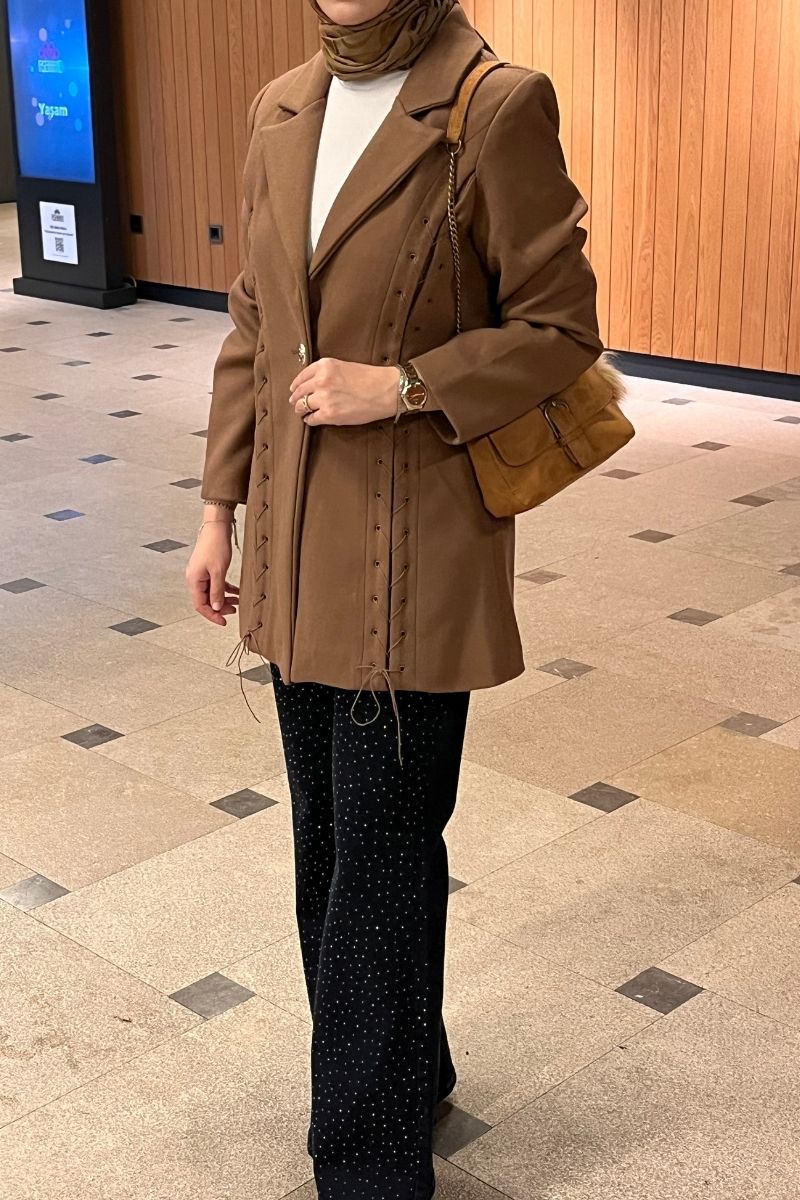 Kuşgözü Detaylı Kaşe Ceket Kahverengi