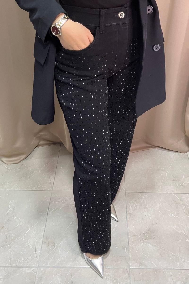 Yüksek Bel Taşlı Pantolon Siyah,