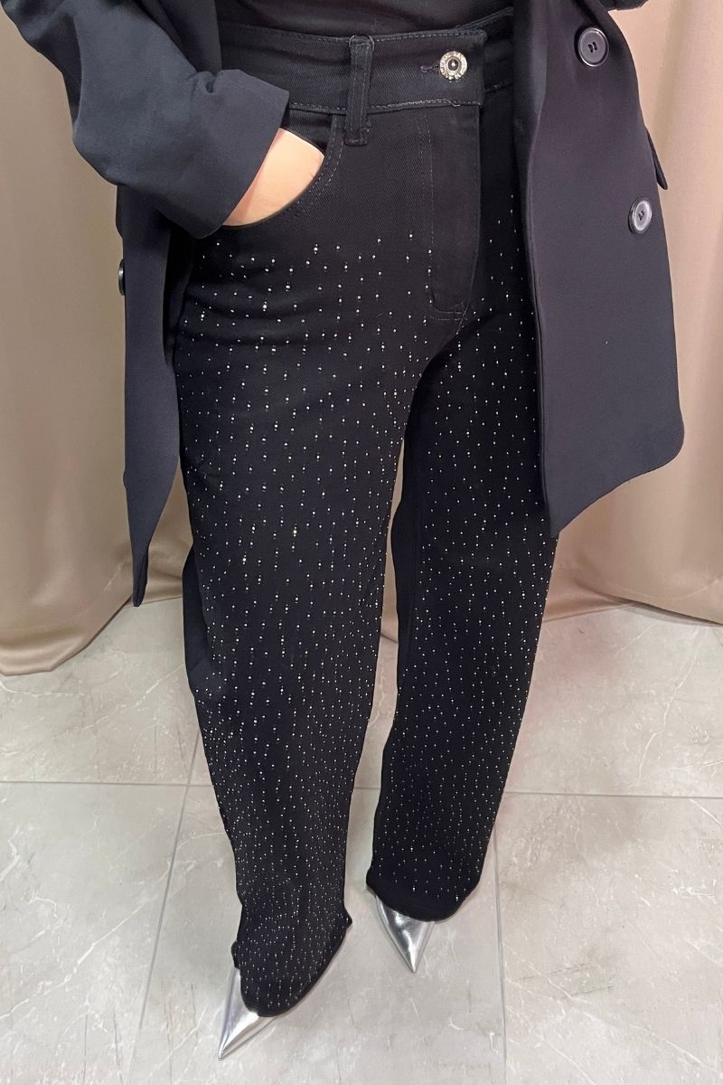 Yüksek Bel Taşlı Pantolon Siyah,