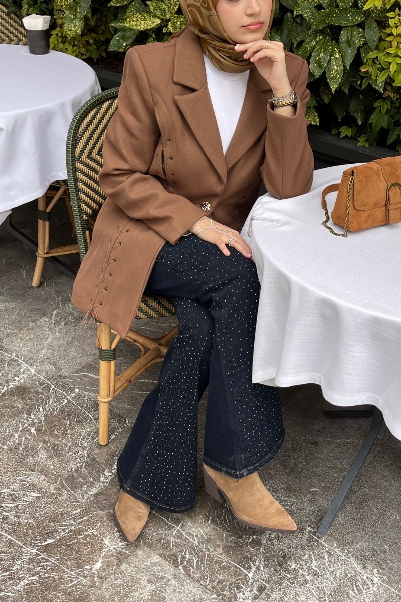 Kuşgözü Detaylı Kaşe Ceket Kahverengi