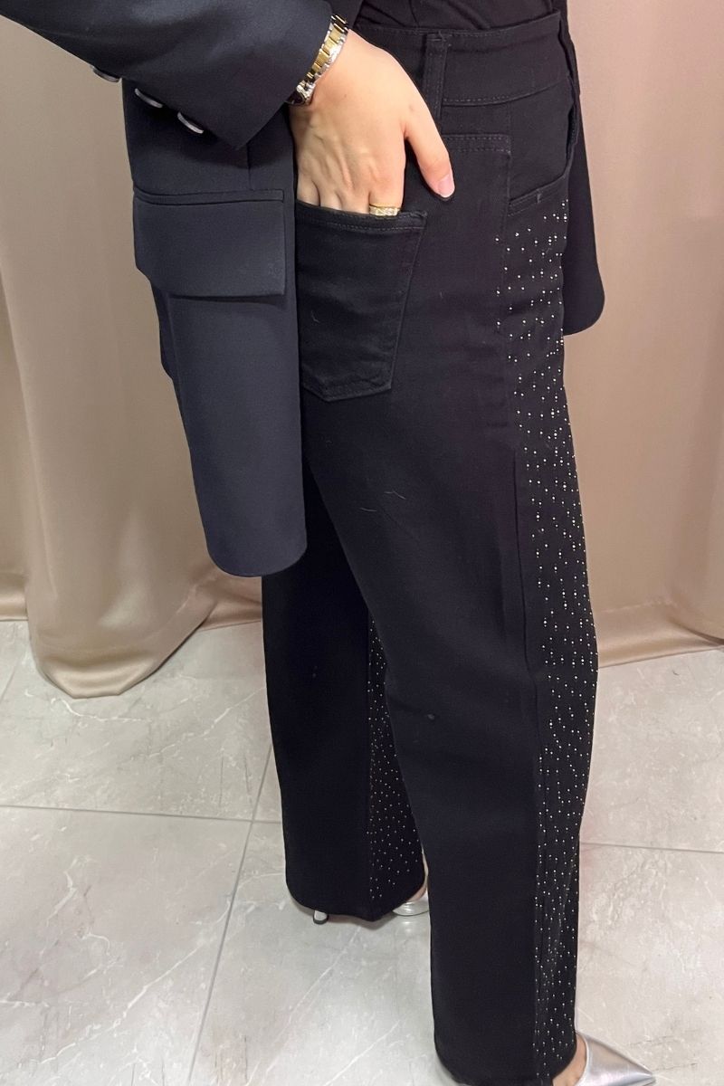 Yüksek Bel Taşlı Pantolon Siyah,