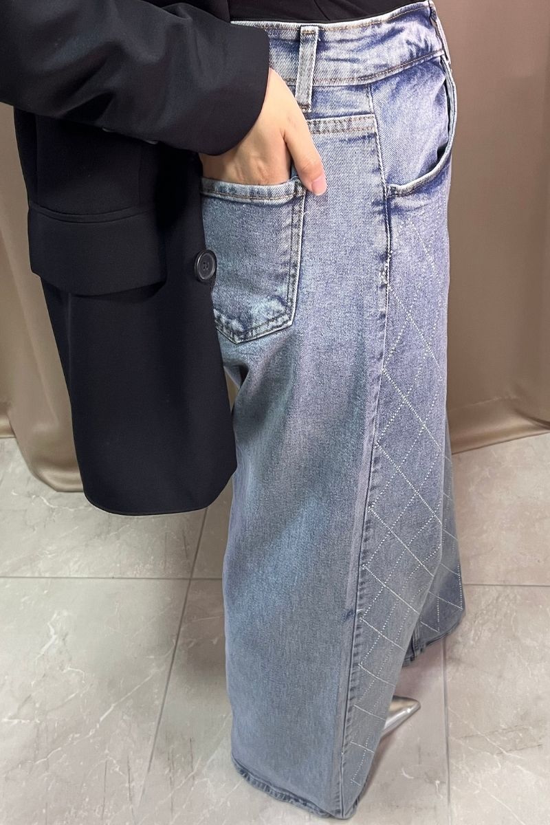 Yüksek Bel Taşlı Pantolon Mavi